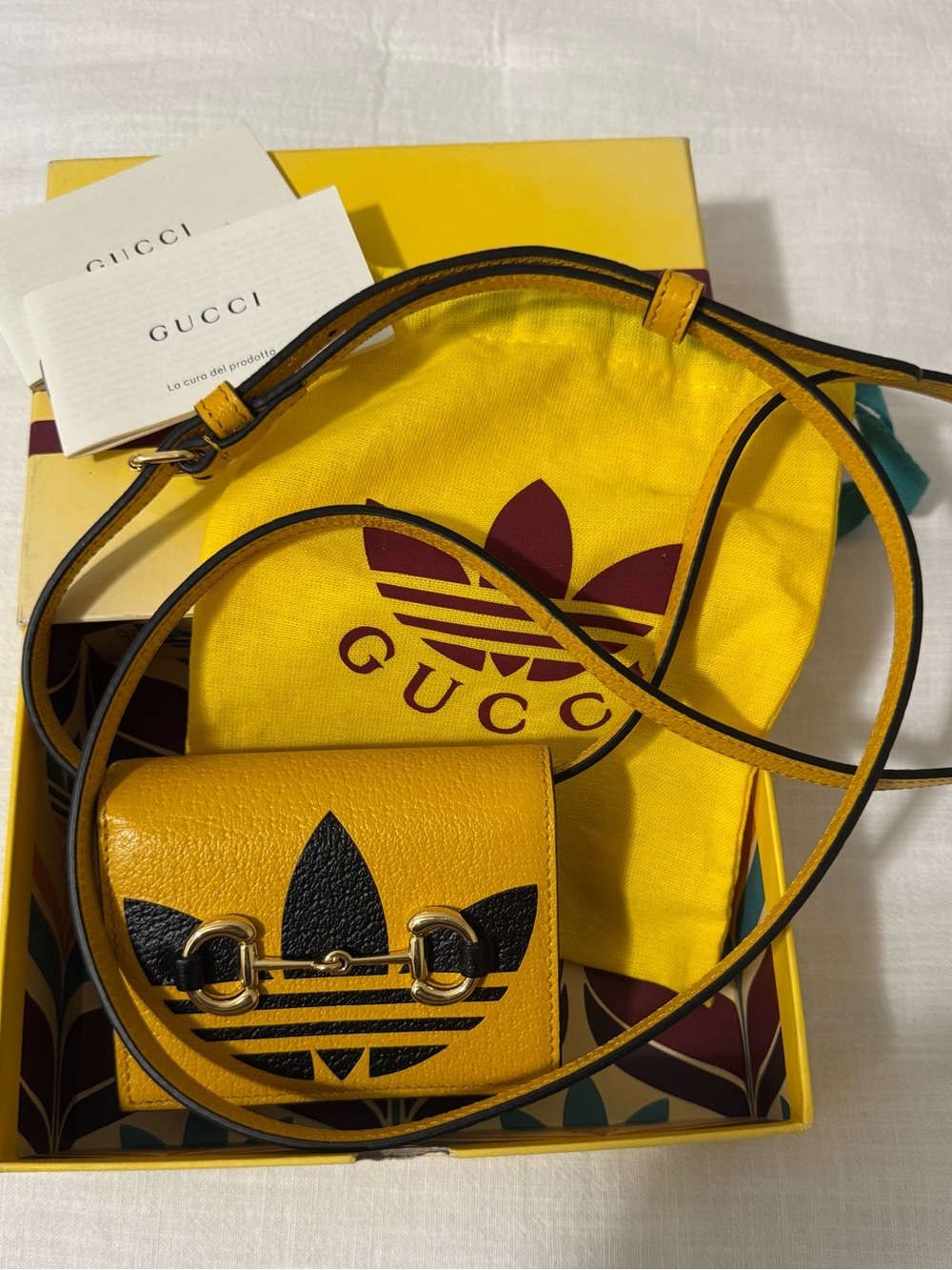 Gucci/Adidas Collab Yellow Leather Compact Wallet Crossbody Bag with Black Logo